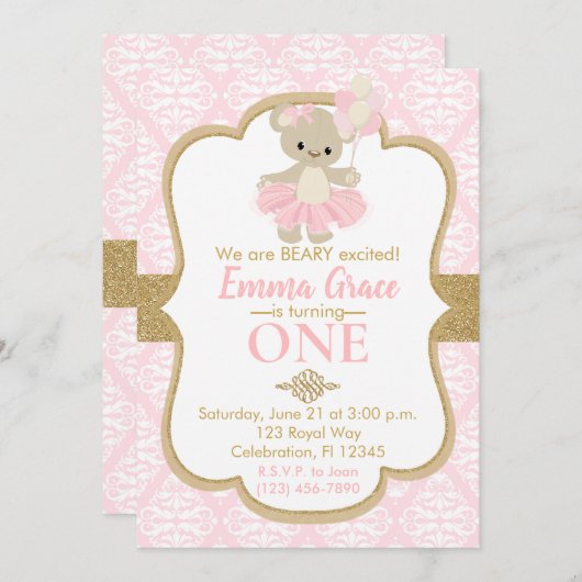 テディベアバレリーナファースト誕生日 招待状 (正面/裏面)