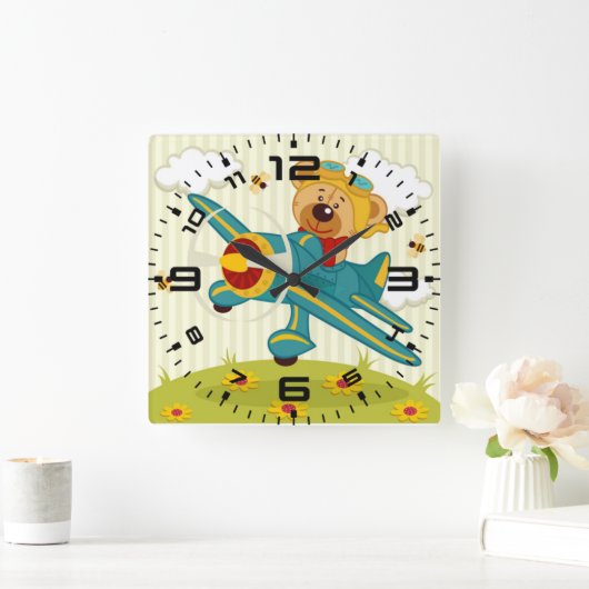 テディベアパイロット スクエア壁時計 (ホーム)