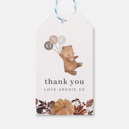 テディベアパンプキン – 1歳の誕生日ありがとう ギフトタグ (正面)