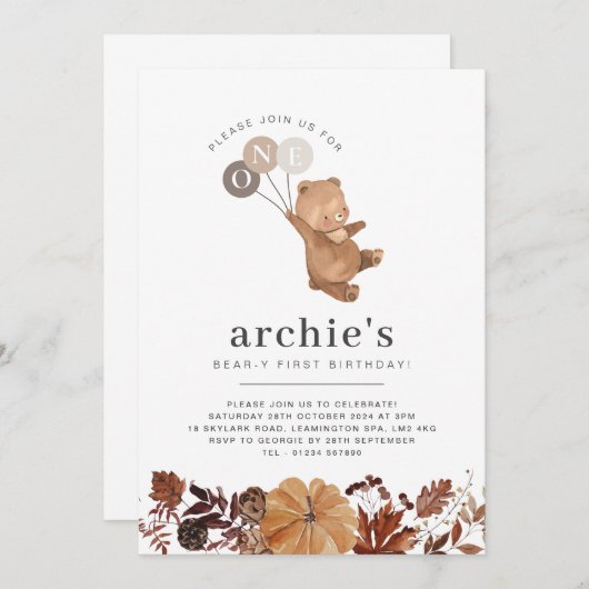 テディベアパンプキン – 1st誕生日招待状 招待状 (正面/裏面)