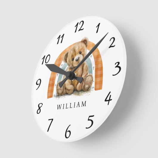 テディベアパーソナライズされたレインボーボホ子供部屋 ラウンド壁時計 (傾斜)