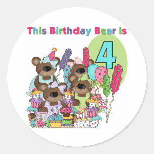 テディベアパーティー4th誕生日Tシャツとギフト ラウンドシール