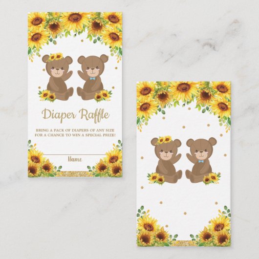テディベアヒマワリーツインズボーイガールオムツラッフル エンクロージャーカード (正面/裏面)