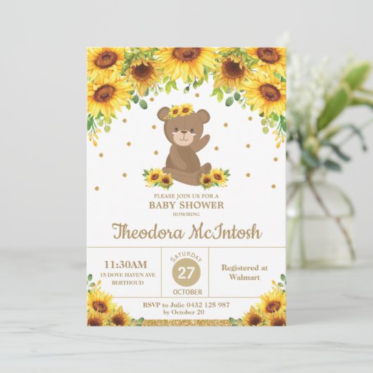 テディベアヒマワリーフローラベビーシャワーガール 招待状 (スタンド正面)