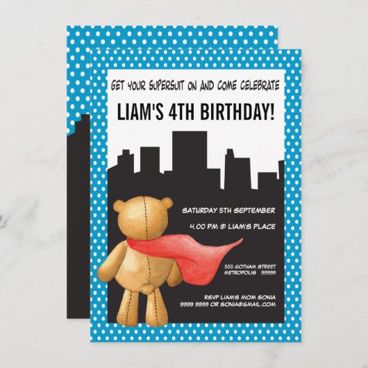 テディベアヒーロすごいボーイズ誕生日パーティー招待状 招待状 (正面/裏面)