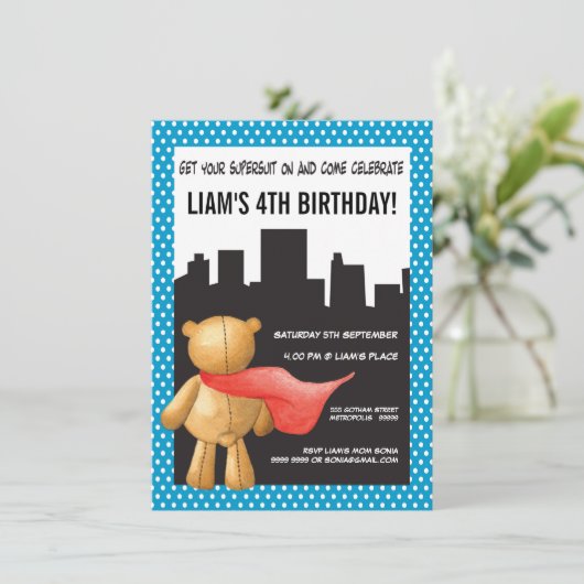 テディベアヒーロすごいボーイズ誕生日パーティー招待状 招待状 (スタンド正面)