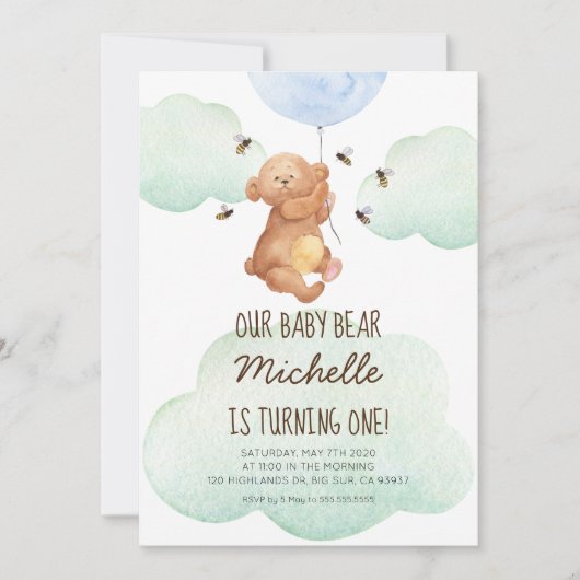 テディベアビーズベビーベア1stバースデー招待状 招待状 (正面)