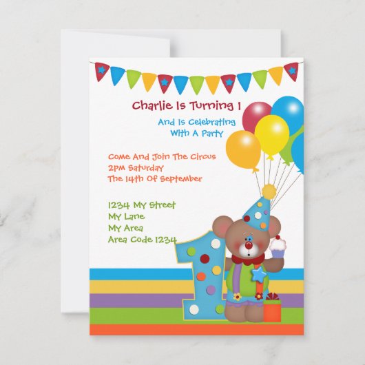 テディベアピエロファースト誕生日パーティー 招待状 (正面)