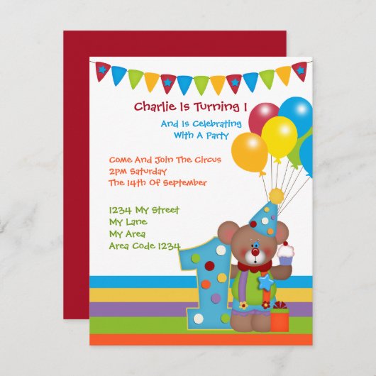 テディベアピエロファースト誕生日パーティー 招待状 (正面/裏面)