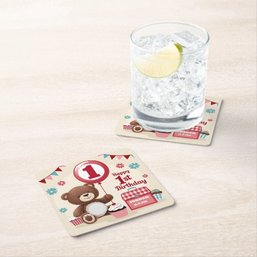 テディベアピクニックハッピー1st誕生日紙プレート スクエアペーパーコースター (インサイチュ)