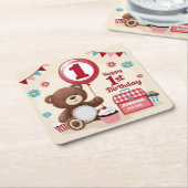 テディベアピクニックハッピー1st誕生日紙プレート スクエアペーパーコースター (アングル)