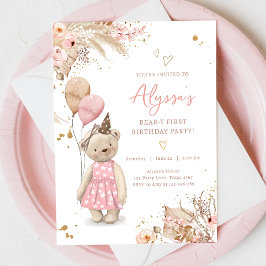 テディベアピクニックピンクガールファースト誕生日パーティー 招待状