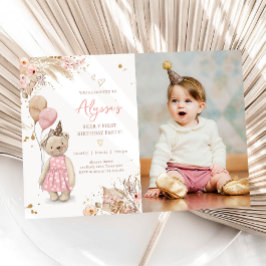テディベアピクニックピンクガールファースト誕生日パーティーI 招待状