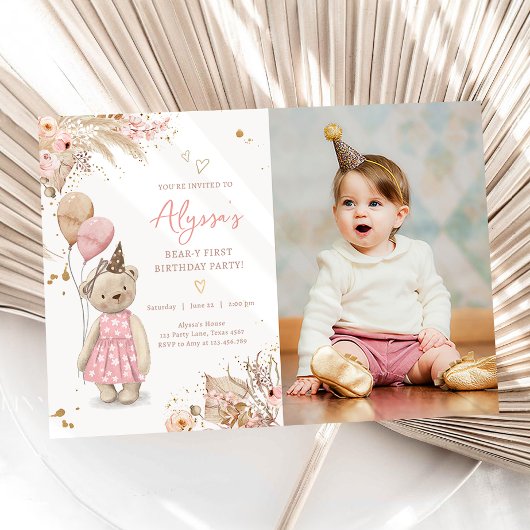 テディベアピクニックピンクガールファースト誕生日パーティーI 招待状