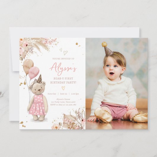 テディベアピクニックピンクガールファースト誕生日パーティーI 招待状 (正面)