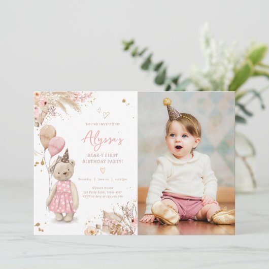 テディベアピクニックピンクガールファースト誕生日パーティーI 招待状 (スタンド正面)