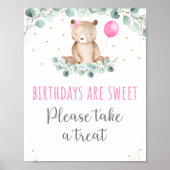 テディベアピクニックピンクフローラ誕生日トリートサイン ポスター (正面)