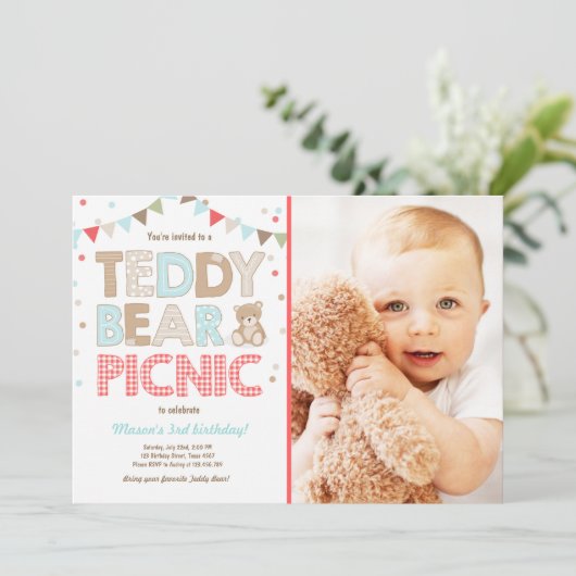 テディベアピクニックボーイバースデー招待状ブルー 招待状 (スタンド正面)