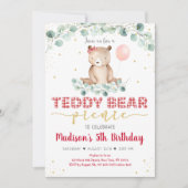 テディベアピクニックレッド金ゴールド緑誕生日 招待状 (正面)