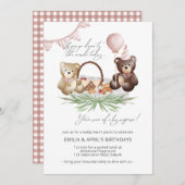 テディベアピクニック招待状共同誕生日パーティー 招待状 (正面/裏面)