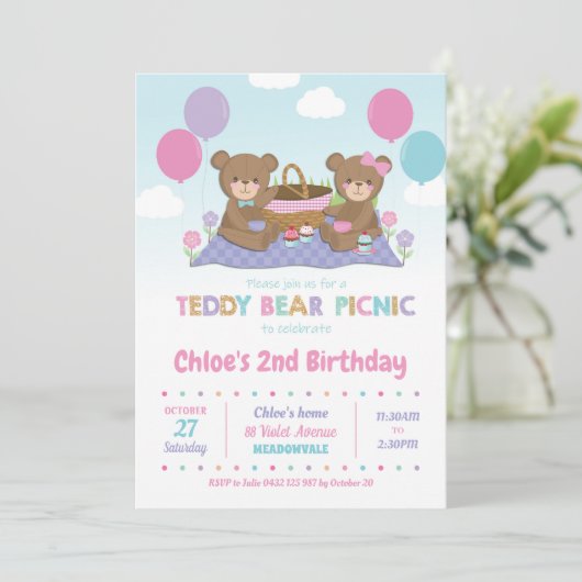 テディベアピクニック誕生日招待状ガール 招待状 (スタンド正面)