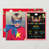 テディベアピクニック1歳の誕生日の少女の少年写真 招待状 (正面/裏面)