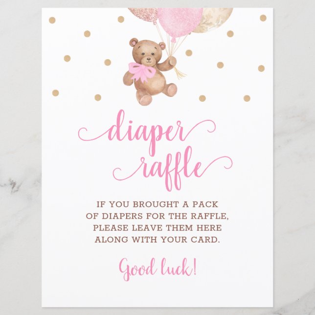 テディベアピンクと金ゴールドおむつラッフルゲーム (正面)