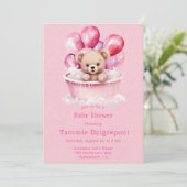 テディベアピンクのバスタブのバルーン女の子ベビーシャワー 招待状 (スタンド正面)