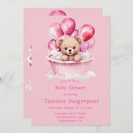 テディベアピンクのバスタブのバルーン女の子ベビーシャワー 招待状 (正面/裏面)