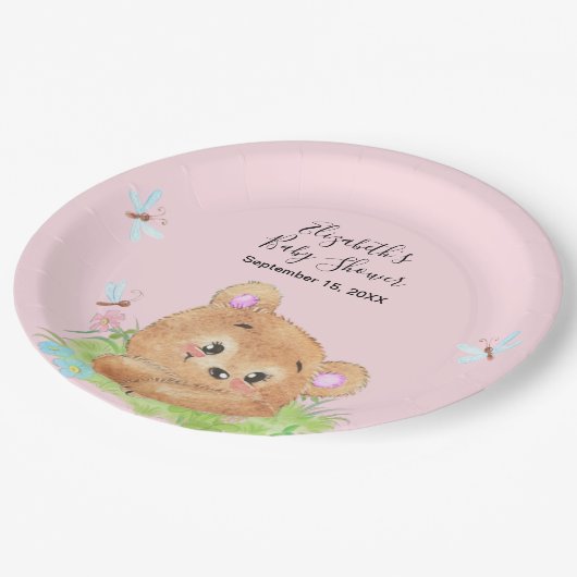 テディベアピンクのベビーガールシャワーギフト ペーパープレート (アングル)