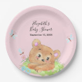 テディベアピンクのベビーガールシャワーギフト ペーパープレート (正面)