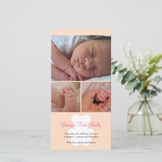 テディベアピンクのモンタージュベビー誕生のお知らせ 案内状 (スタンド正面)