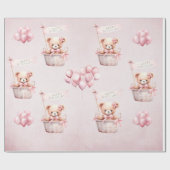 テディベアピンクウォーターカラーガールズ誕生日 ラッピングペーパー (フラット)