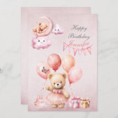 テディベアピンクウォーターカラーガールズ誕生日 招待状 (正面/裏面)
