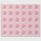 テディベアピンクタブ&バルーンガールベビーシャワー ラッピングペーパー (フラット)