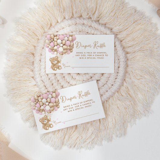 テディベアピンクハート&バルーンベビーガールシャワー エンクロージャーカード