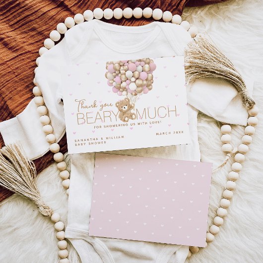 テディベアピンクハート&バルーンベビーガールシャワー サンキューカード