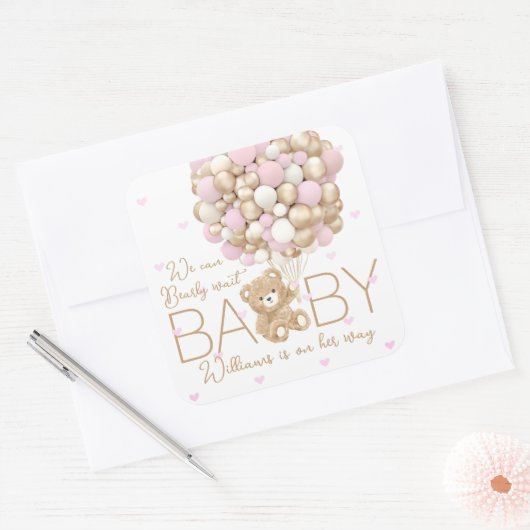 テディベアピンクハート&バルーンベビーガールシャワー スクエアシール (封筒)