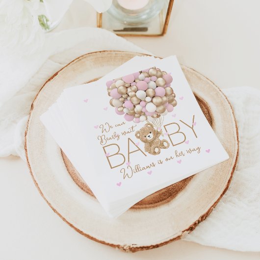 テディベアピンクハート&バルーンベビーガールシャワー スタンダードカクテルナプキン