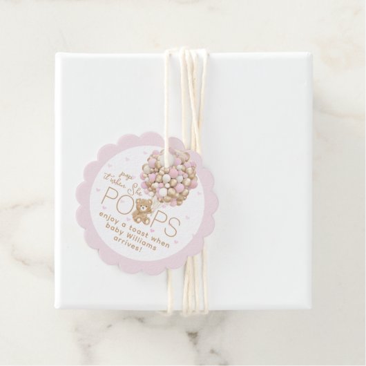 テディベアピンクハート&バルーンベビーガールシャワー フェイバータグ (インサイチュ)