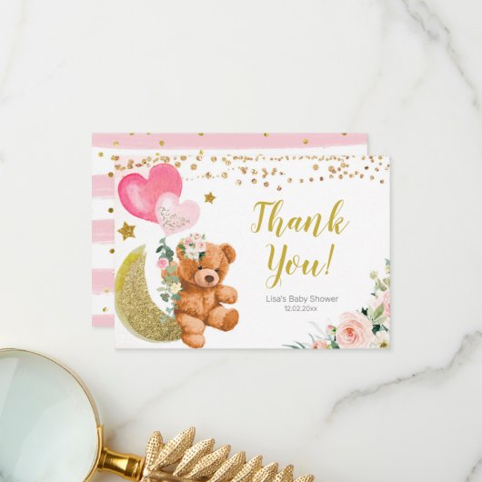 テディベアピンクバルーンベビーシャワーサンキューカード サンキューカード (正面/裏面インサイチュ)