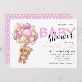 テディベアピンクバルーンベビーシャワー招待状 案内状