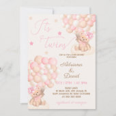 テディベアピンクバルーン双子の女の子ベビーシャワー 招待状 (正面)