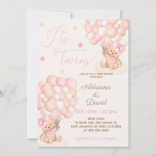 テディベアピンクバルーン双子の女の子ベビーシャワー 招待状 (正面)