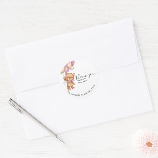 テディベアピンクバルーン誕生日ありがとう ラウンドシール (封筒)