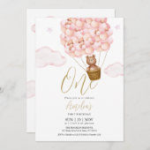 テディベアピンクバルーン誕生日パーティー 招待状 (正面/裏面)