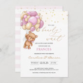 テディベアピンクバルーン赤ちゃんシャワー招待状 エンクロージャーカード (正面/裏面)