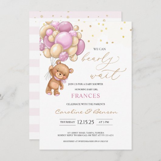 テディベアピンクバルーン赤ちゃんシャワー招待状 エンクロージャーカード (正面/裏面)