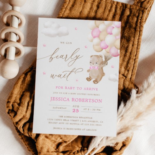 テディベアピンクバルーン赤ちゃんシャワー招待状 招待状