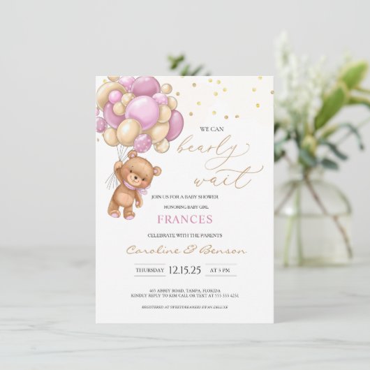 テディベアピンクバルーン赤ちゃんシャワー招待状 招待状 (スタンド正面)